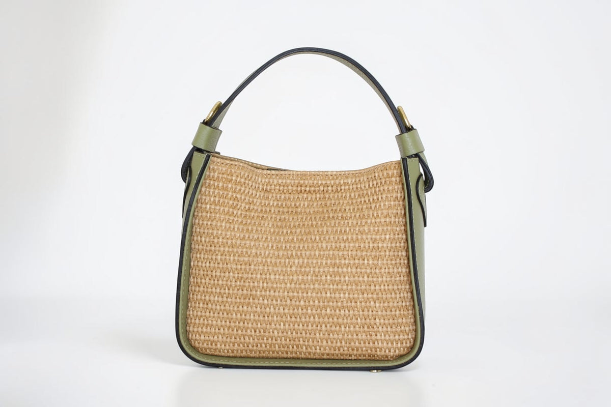 Affinée Élan Lemon handbag, three-quarter view of the woven and leather construction