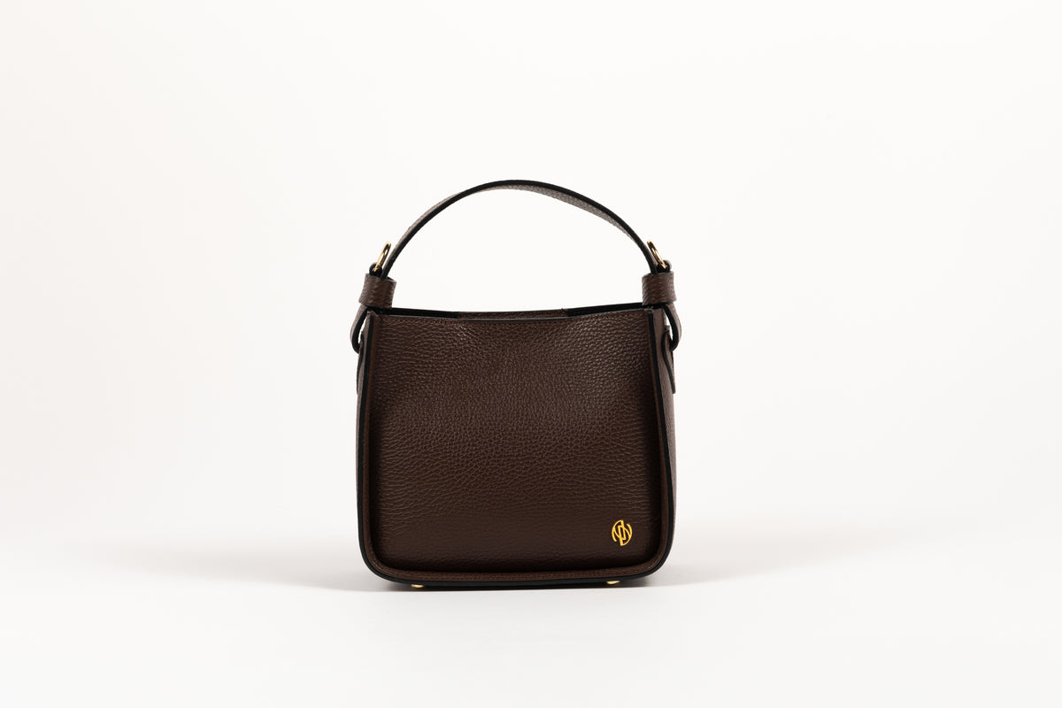 Affinée Élan Light Brown handbag, straight front view with gold-tone monogram