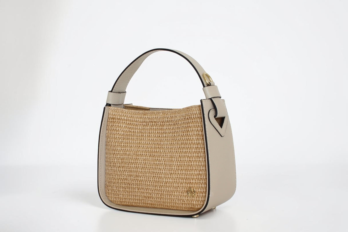 Affinée Élan Ivory handbag, three-quarter view of the woven and leather construction