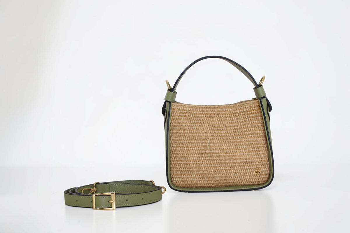 Affinée Élan Lemon handbag, woven panel with the shoulder strap placed beside it